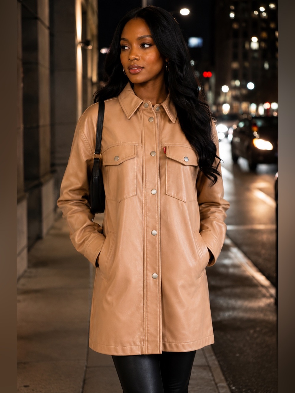 Levi’s Faux Leather Shirt Jacket Shacket Tan Camel Snap Front Oversized Women’s